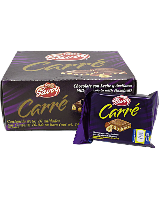 Nestle Savoy Carre de Avellanas Hazelnut Chocolate Bar box and chocolate bar